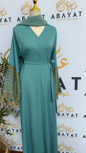 Elegant Blue Abaya with Gold Beads -2446