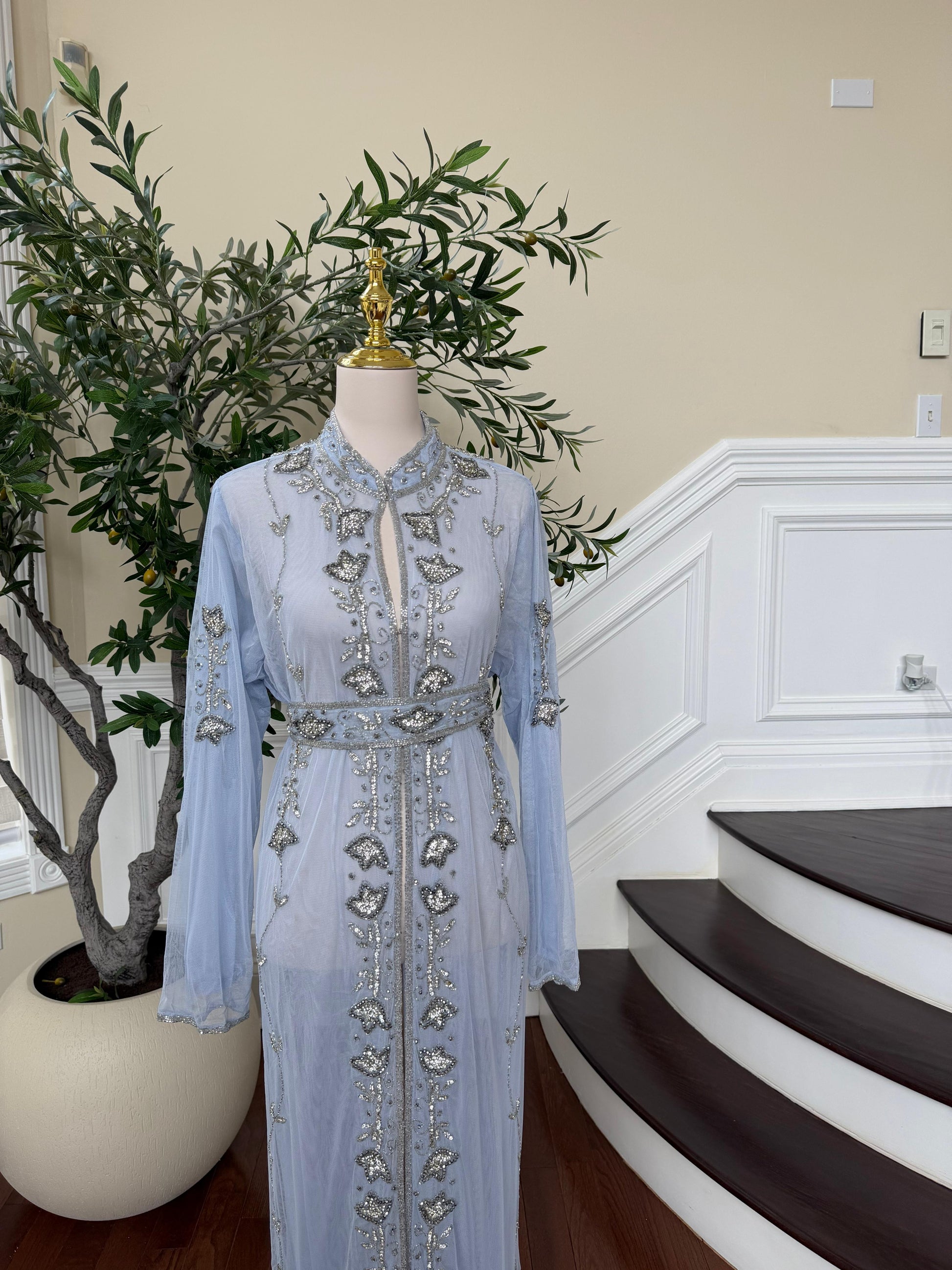 Baby Blue Cardigan Silver Abaya