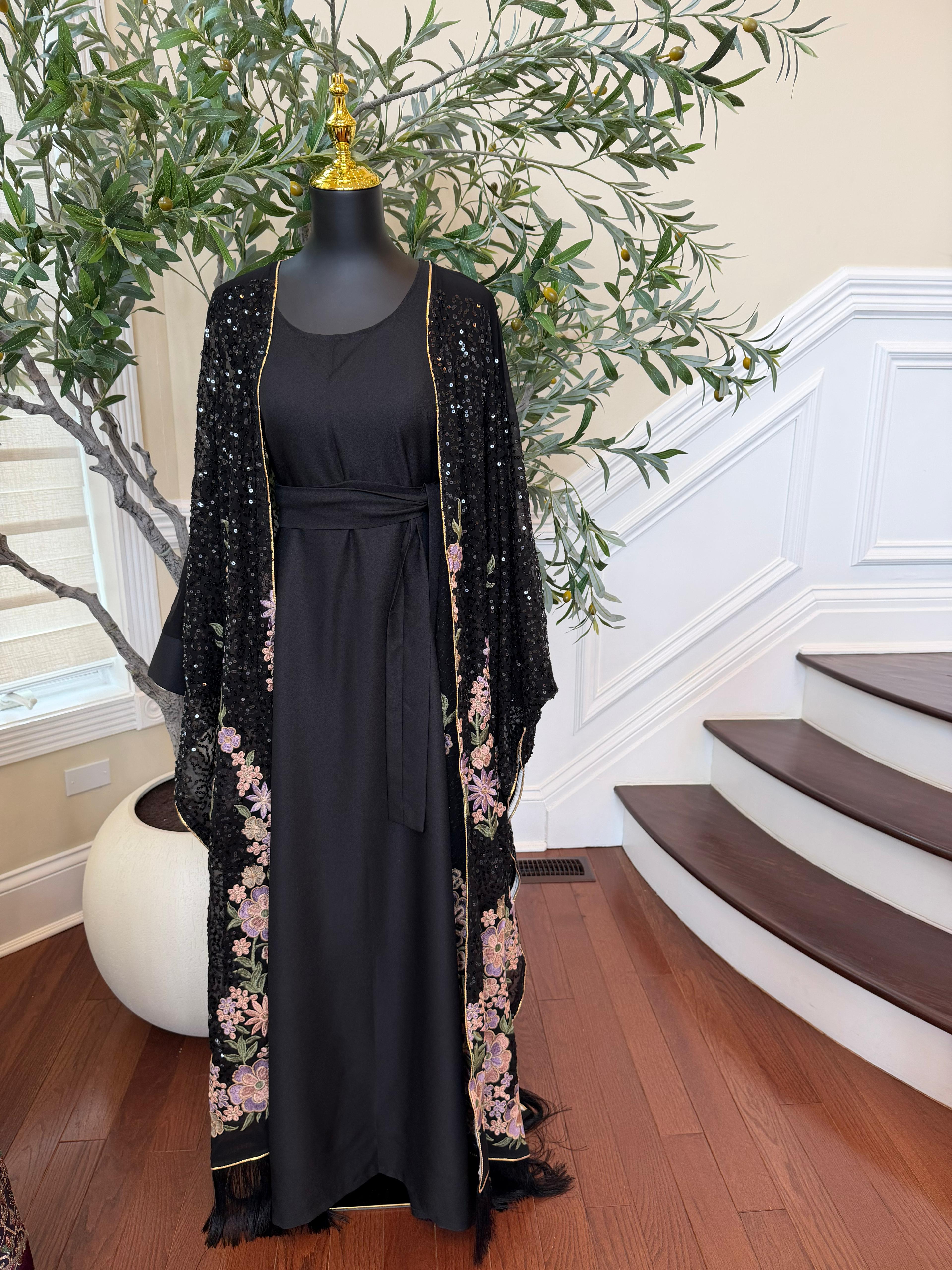 Black Sparkle Floral Abaya