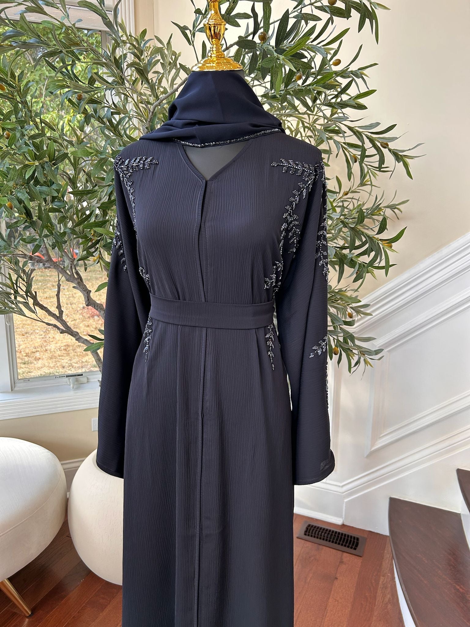 Navy Blue Rose Floral Abaya