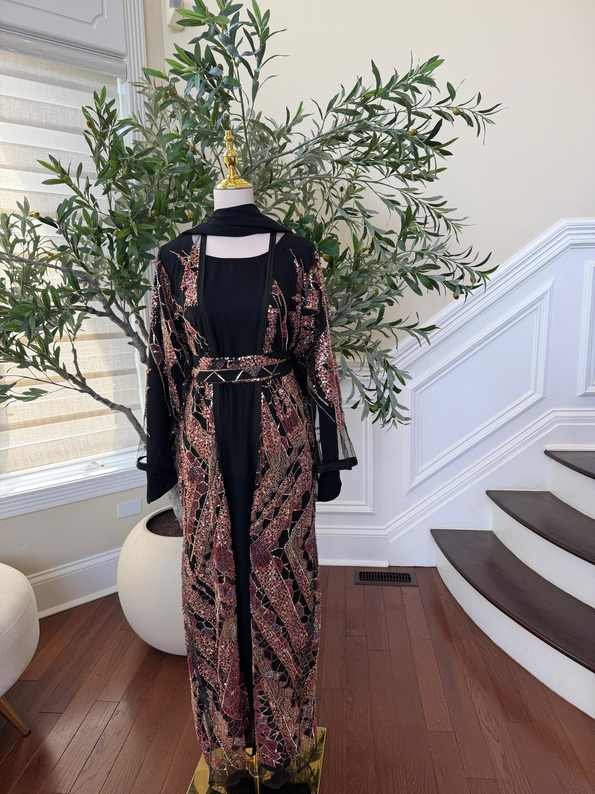 Black Sparkle Rose Beaded Cardigan Abaya