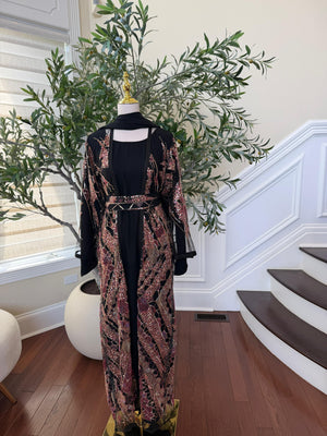 Black Sparkle Rose Beaded Cardigan Abaya