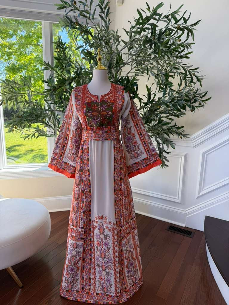Beige Embroidery Orange Tatreez Thobe