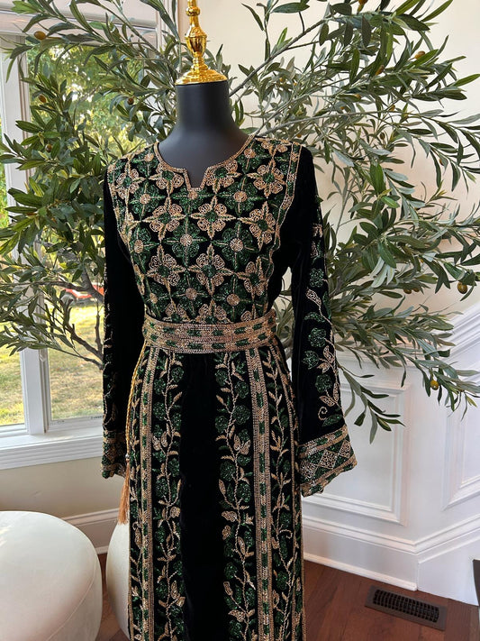 Black Velvet Golden Green Stone Thobe
