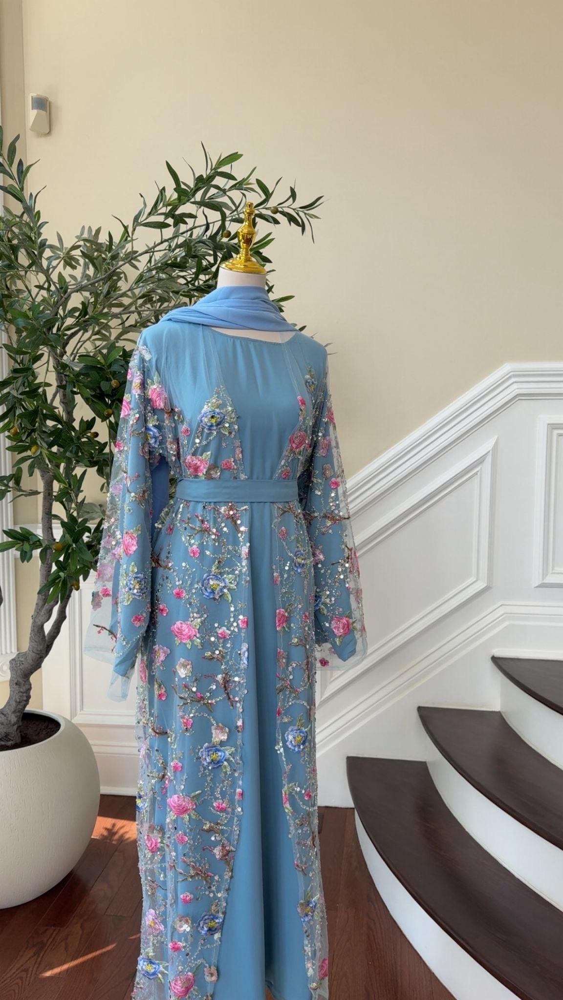 Sky Blue Ethereal Bloom Abaya