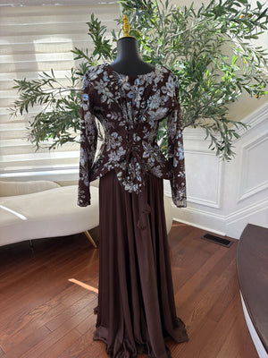 Elegant Chocolate Brown Gown with Silver Floral Embroidery