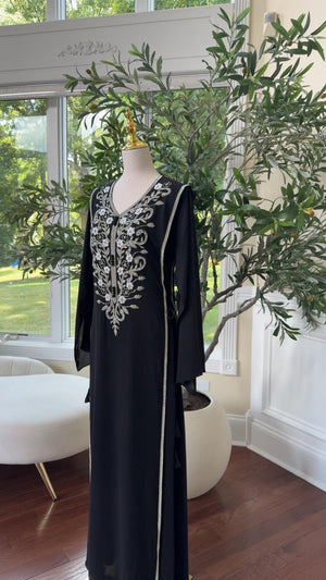 Luxury Black Kaftan with Intricate Silver Detailing