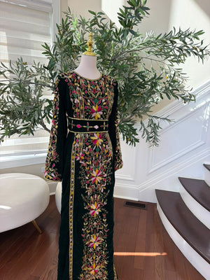 Elegant Black Palestinian Thobe with Colorful Floral Embroidery and Detachable Shoulder Cape (scarf not included)