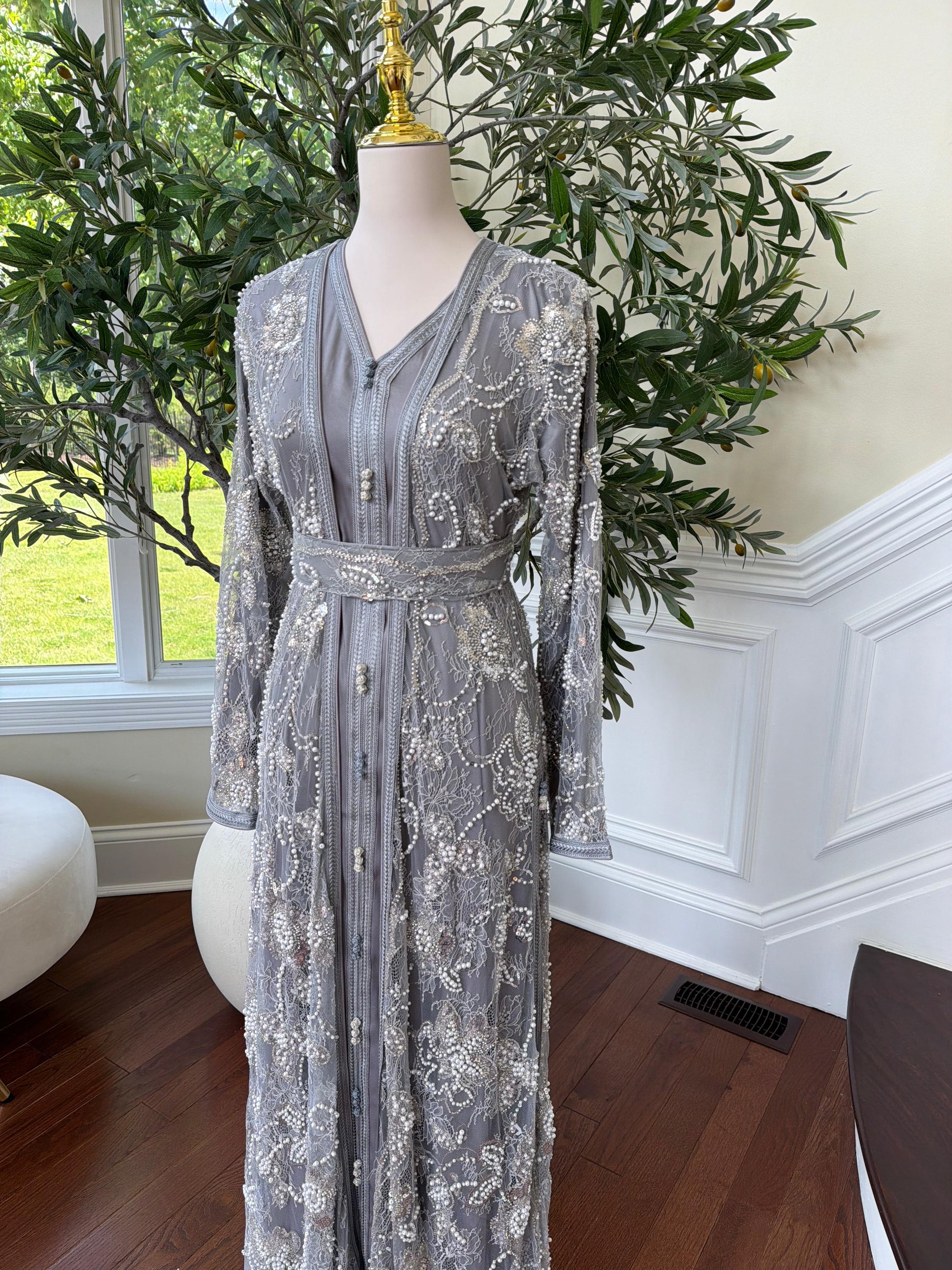 Grey Two Piece Beaded Kuftan