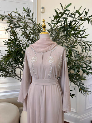 Cream Beaded Charm Abaya