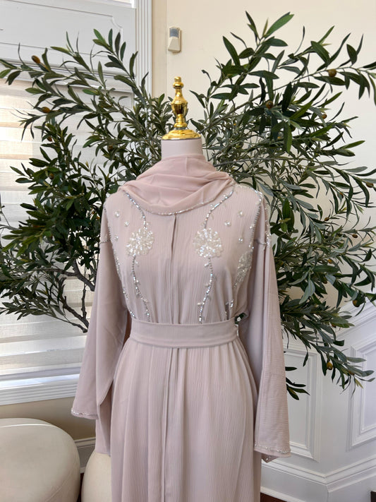 Cream Beaded Charm Abaya
