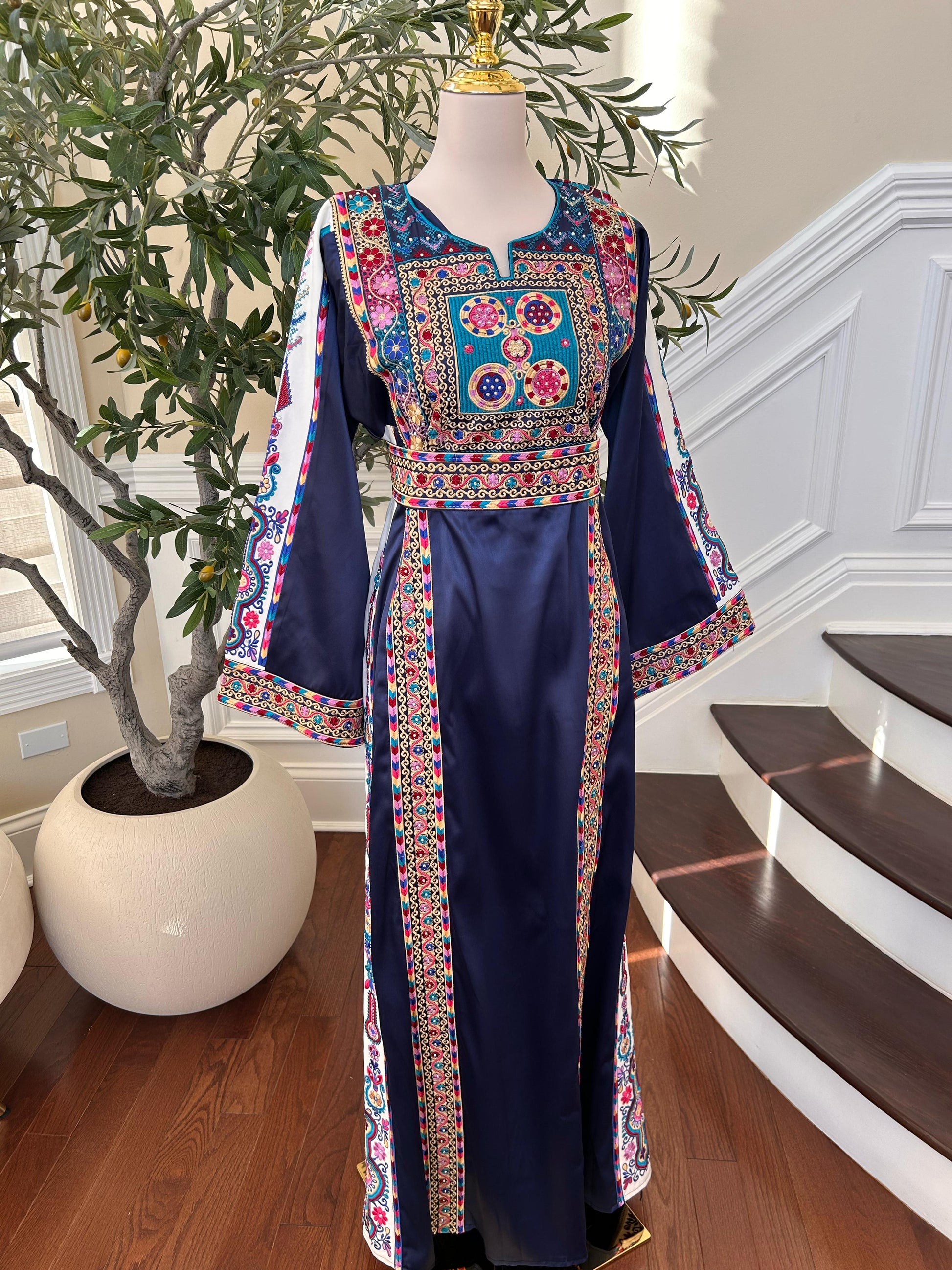 Navy Blue Satin Embroidered Tatreez Thobe