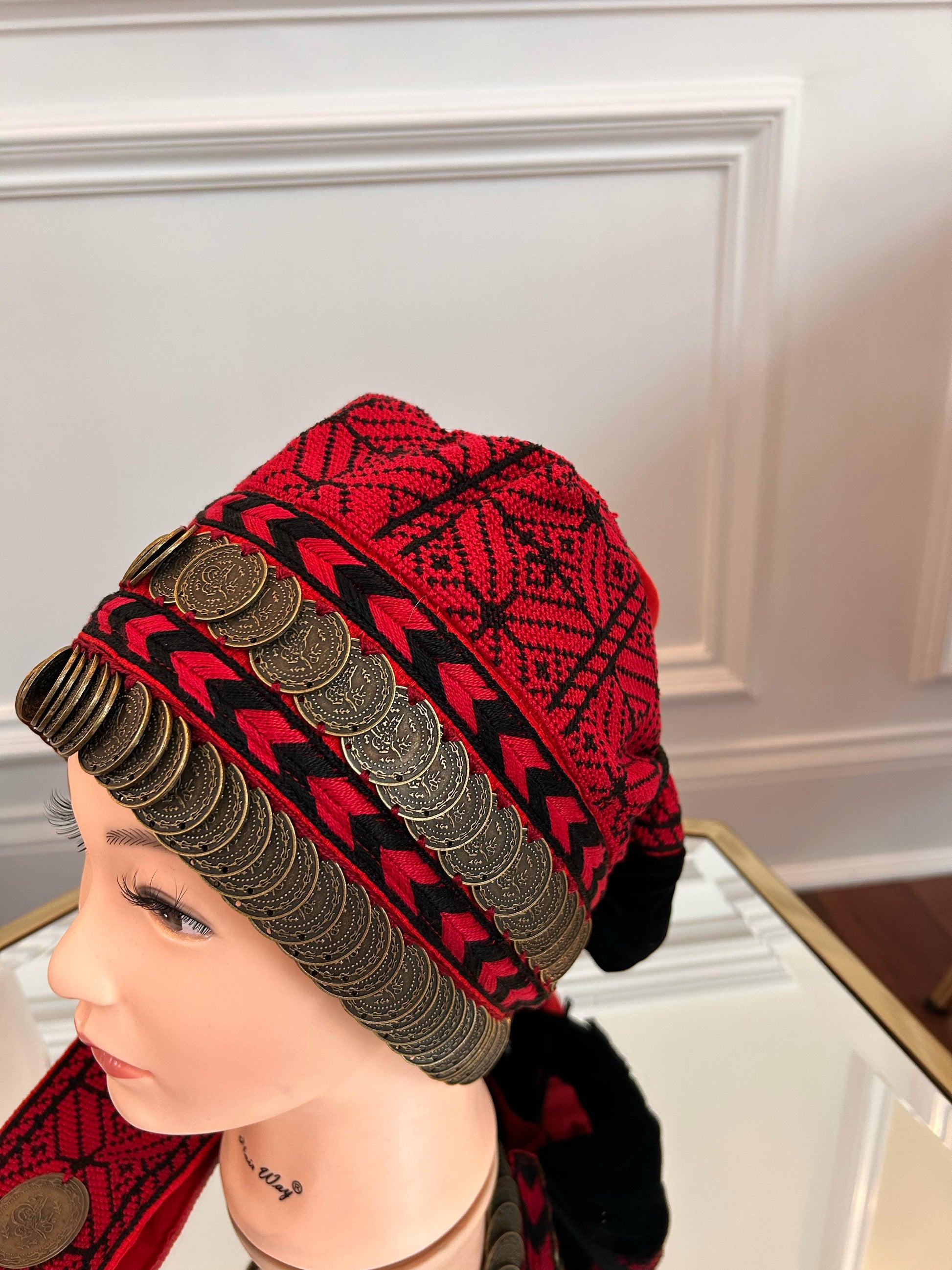 Red Tatreez Embroidery Coin Head Piece تطريز يدوي