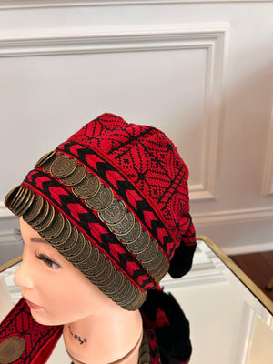 Red Tatreez Embroidery Coin Head Piece تطريز يدوي