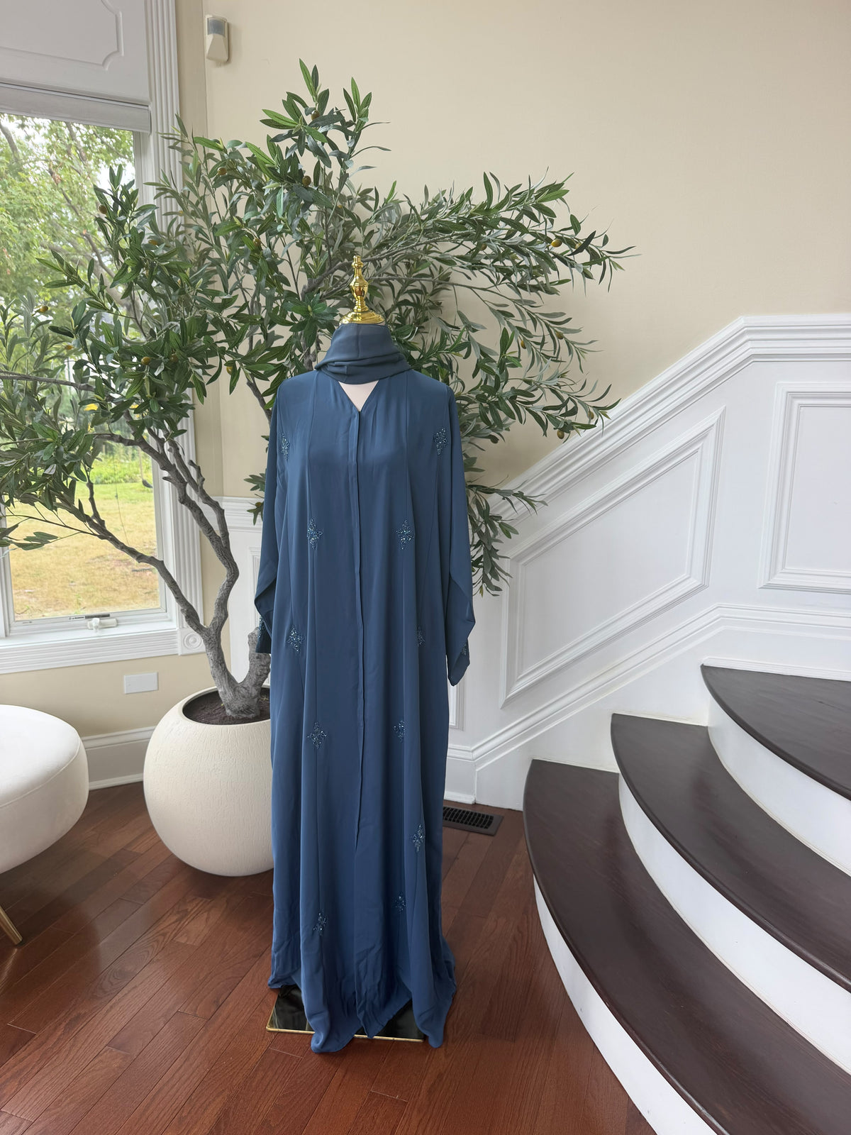 Blue Beaded Nada Fabric Charm Abaya