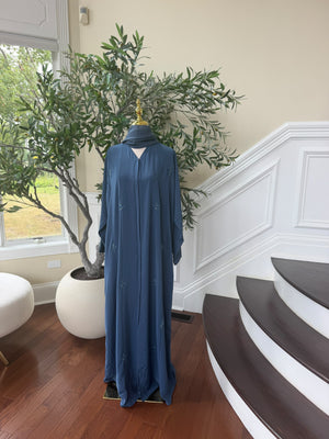 Blue Beaded Nada Fabric Charm Abaya