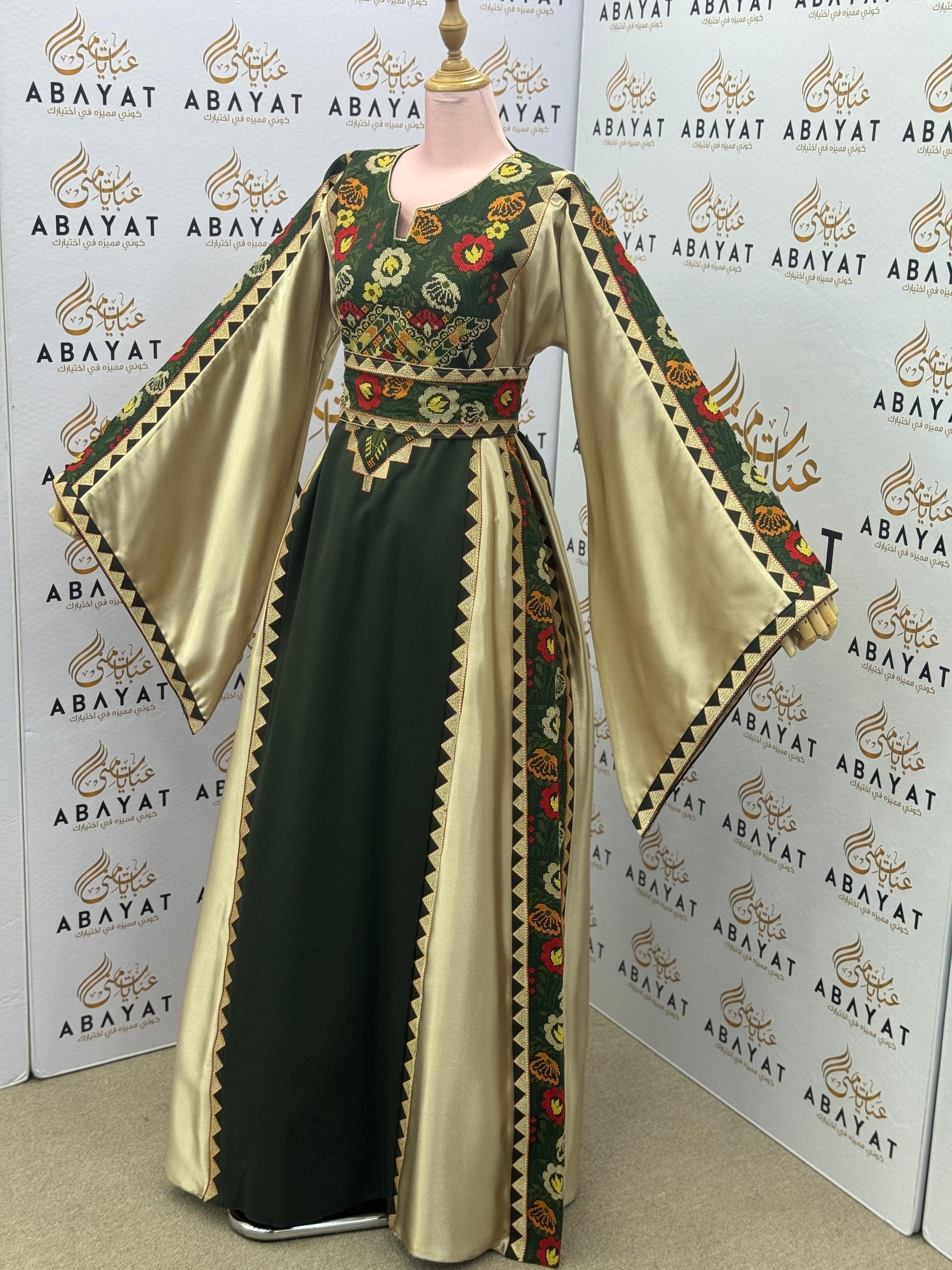 Olive Green & Gold Palestinian Embroidery Thobe – Floral Heritage Design A09082025