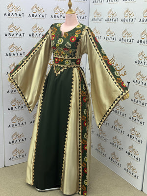 Olive Green & Gold Palestinian Embroidery Thobe – Floral Heritage Design A09082025