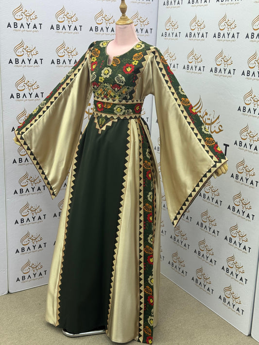 Olive Green & Gold Palestinian Embroidery Thobe – Floral Heritage Design A09082025