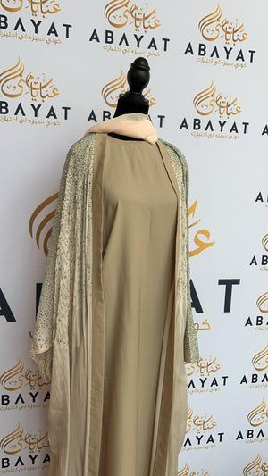 Elegant Beige Sparkled Abaya Set with Coordinating Hijab#8097628