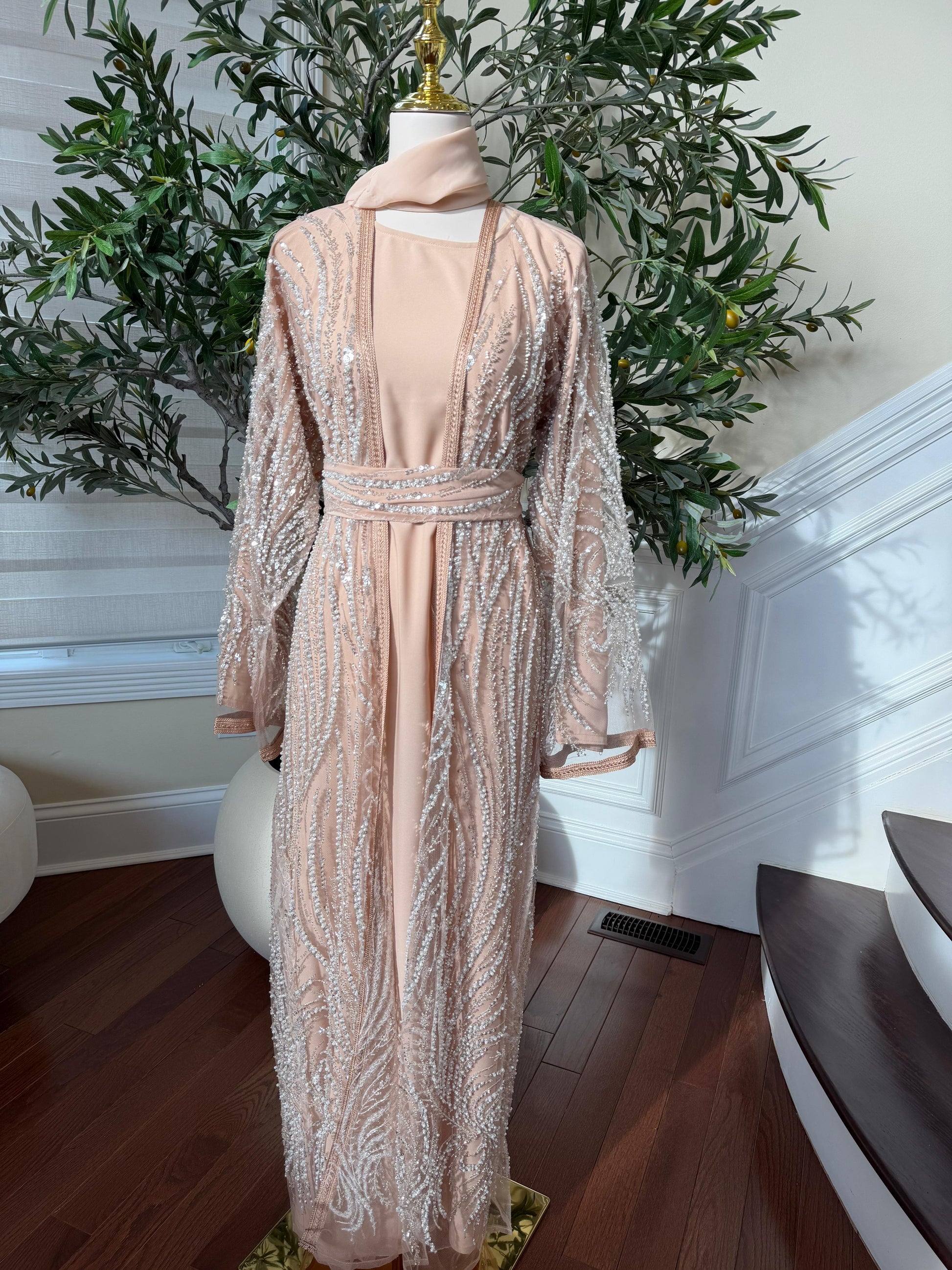 Peach Silver Sequin Beaded Abaya