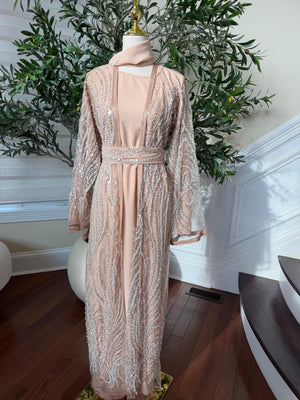Peach Silver Sequin Beaded Abaya