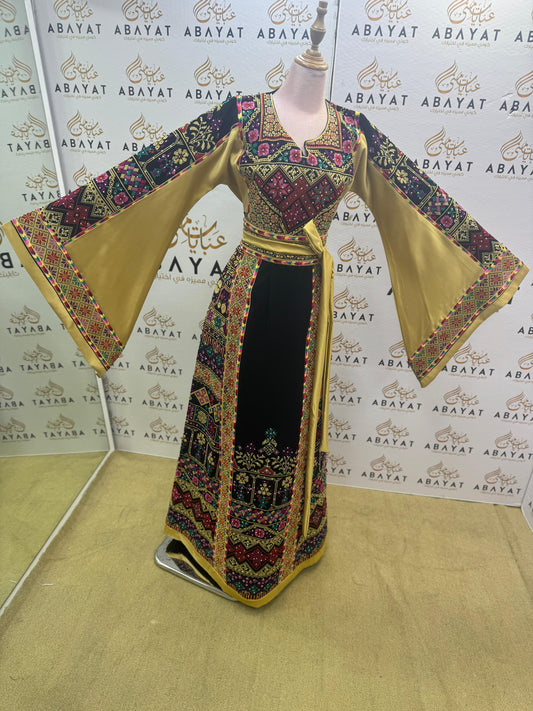 Traditional Palestinian Embroidered Thobe – Black & Gold Multicolor Heritage Dress
