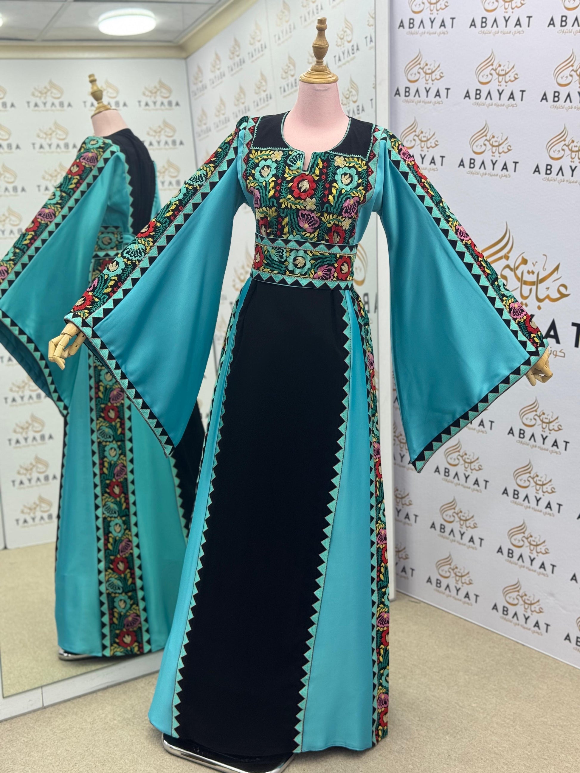 Turquoise & Black Palestinian Embroidery Thobe – Vibrant Heritage Elegance A09102025