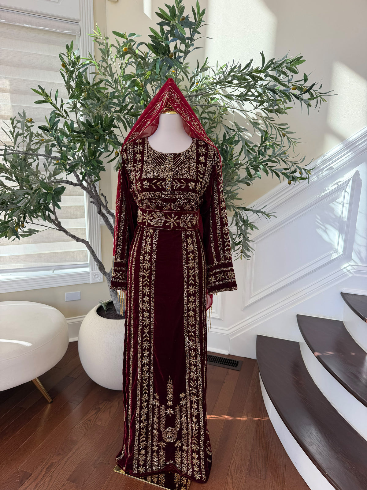 Elegant Burgundy Velvet Palestinian Thobe with Intricate Gold Embroidery( scarf not included)