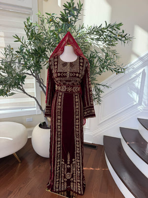 Elegant Burgundy Velvet Palestinian Thobe with Intricate Gold Embroidery( scarf not included)