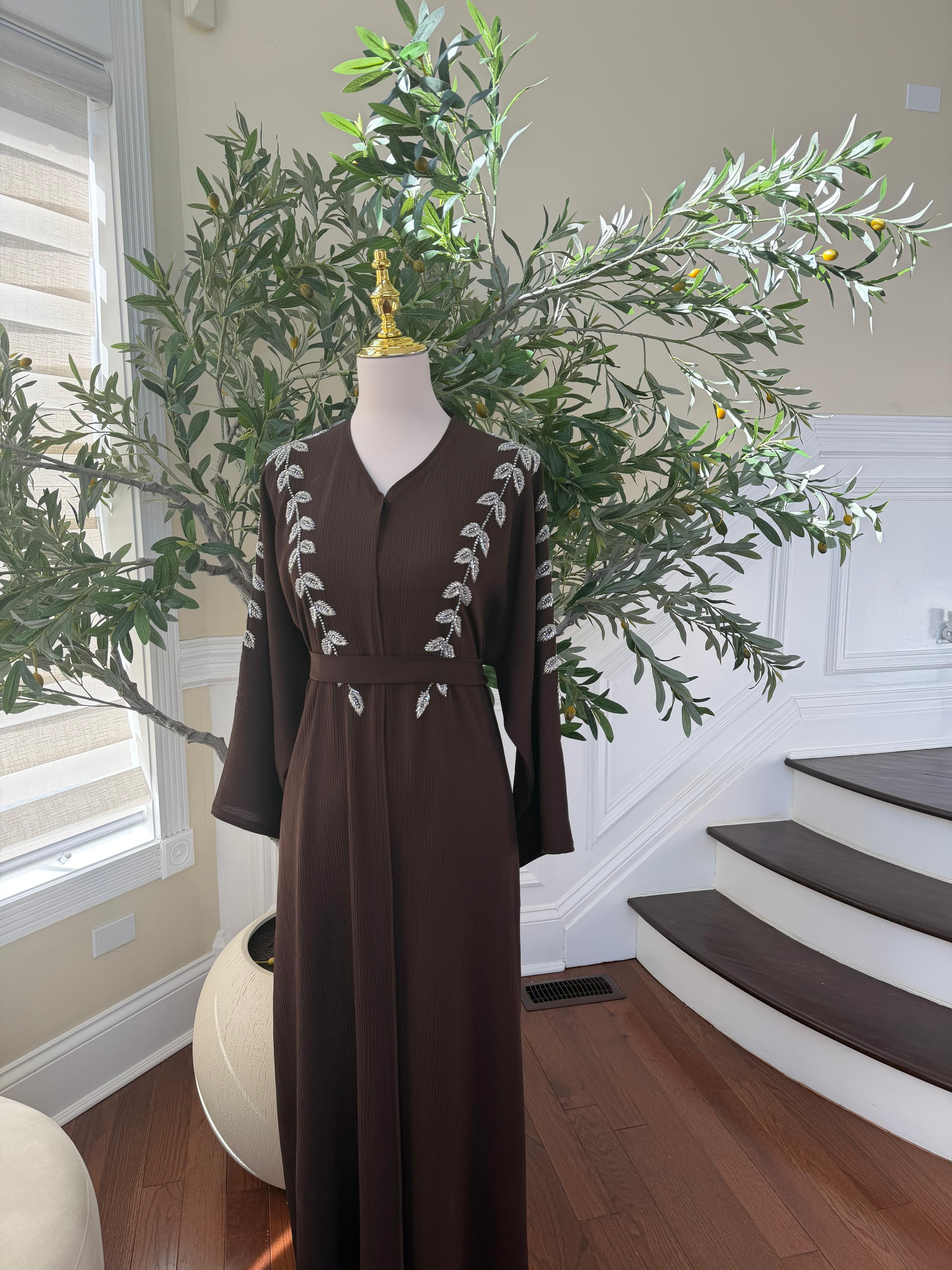 Brown Silver Beaded Essence Abaya