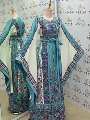 Turquoise & Fuchsia Palestinian Embroidered Thobe – Floral Heritage Design