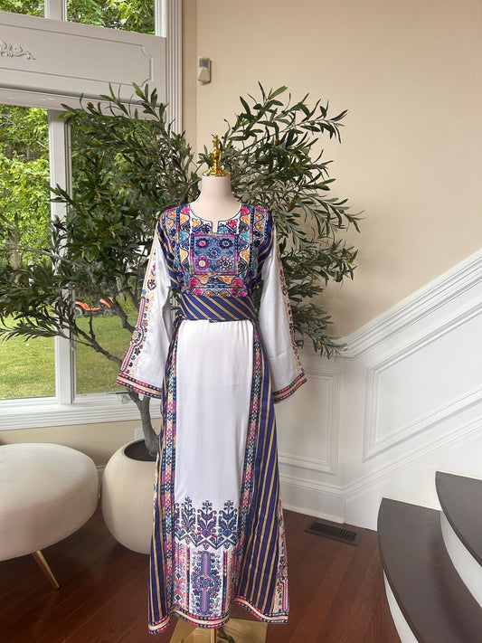 White Embroidery Blue Tatreez Detail Thobe