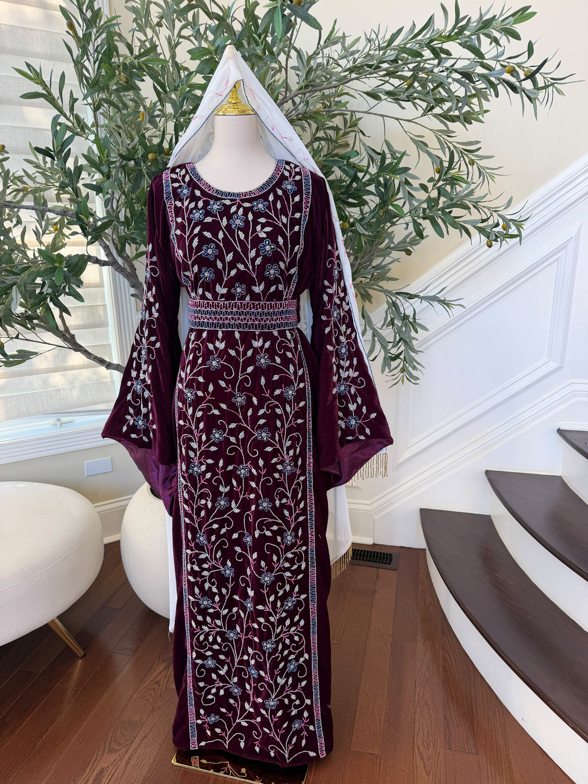 Elegant Burgundy Velvet Thobe with Blue and Silver Floral Embroidery (scarf not included)