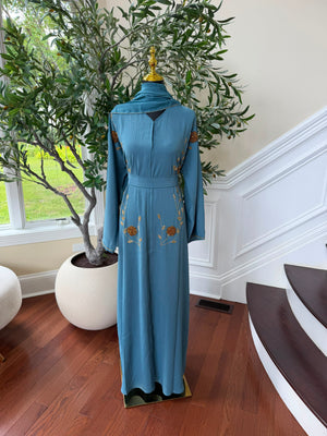 Deep Sky Golden Floral Abaya