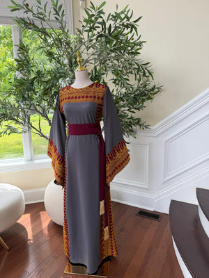 Grey Traditional Tatreez Embroidery Thobe