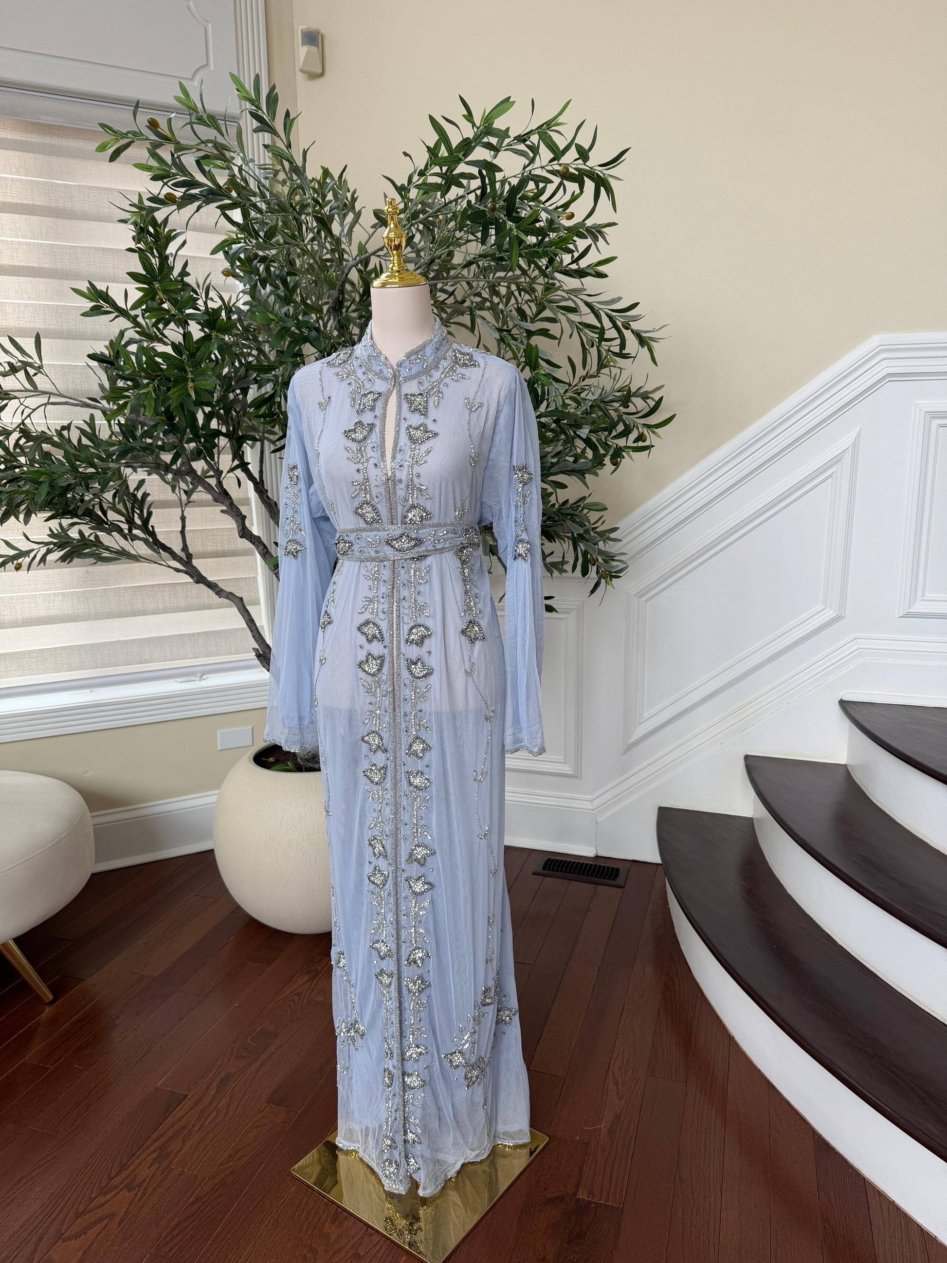 Baby Blue Cardigan Silver Abaya