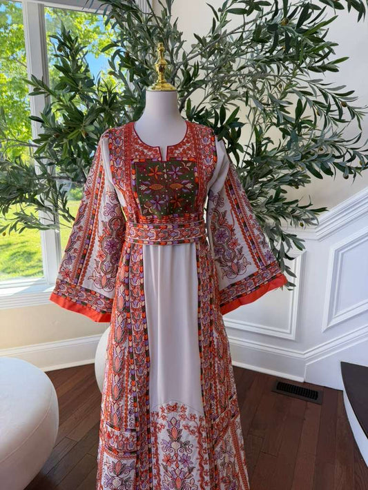 Beige Embroidery Orange Tatreez Thobe