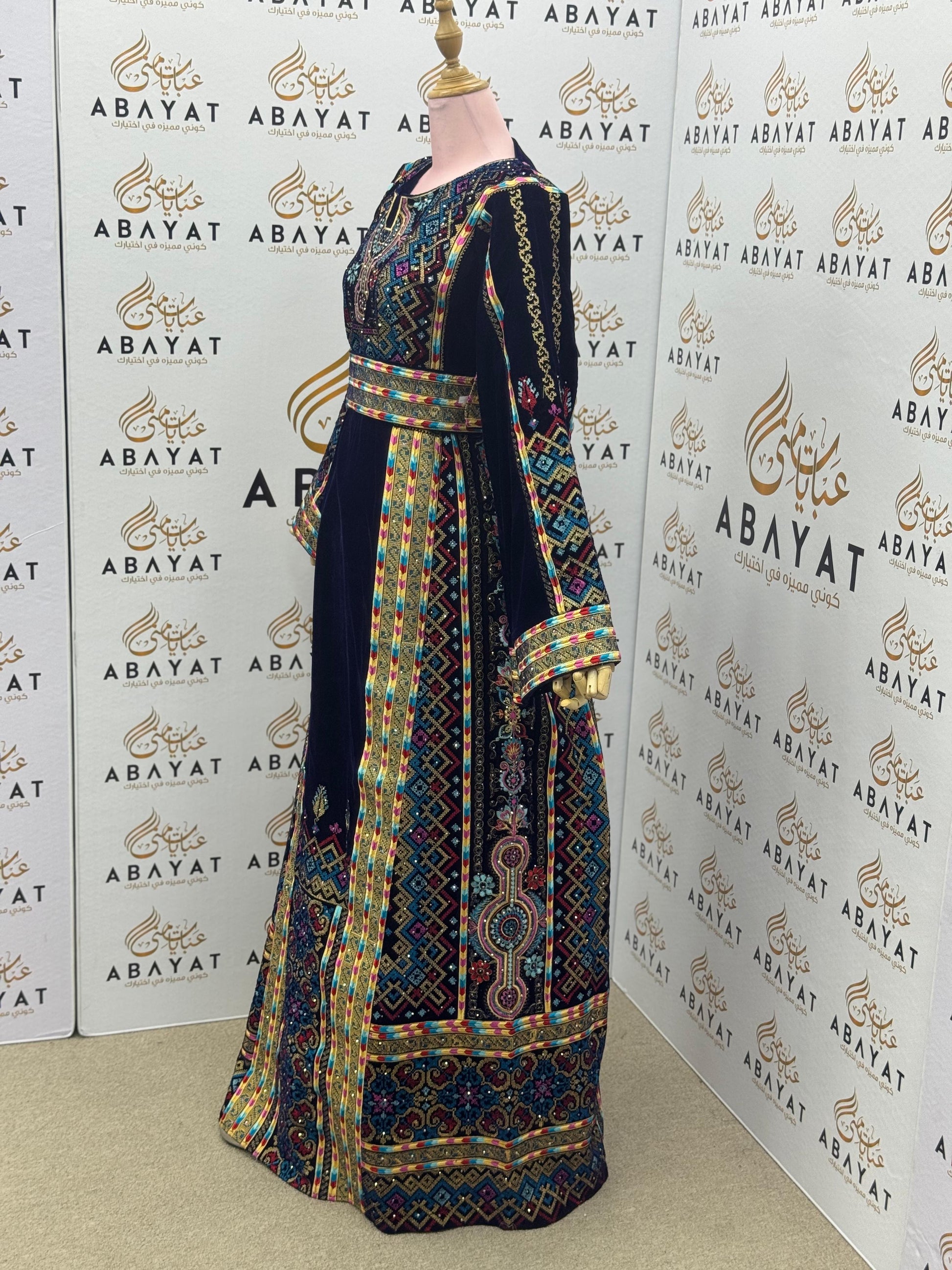 Dark Navy Velvet Palestinian Embroidered Thobe – Multicolor Tatreez with Belt A09042025