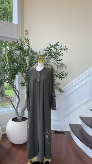 Olive Blush Embroidered Abaya – Soft Grace