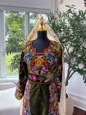 Elegant Olive Green Velvet Thobe with Vibrant Floral Embroidery