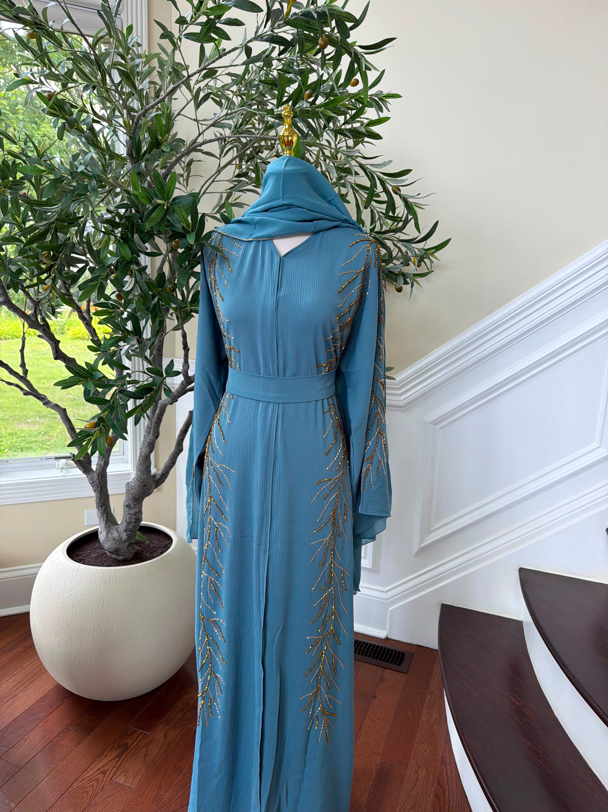 Golden Blue Design Charm Abaya