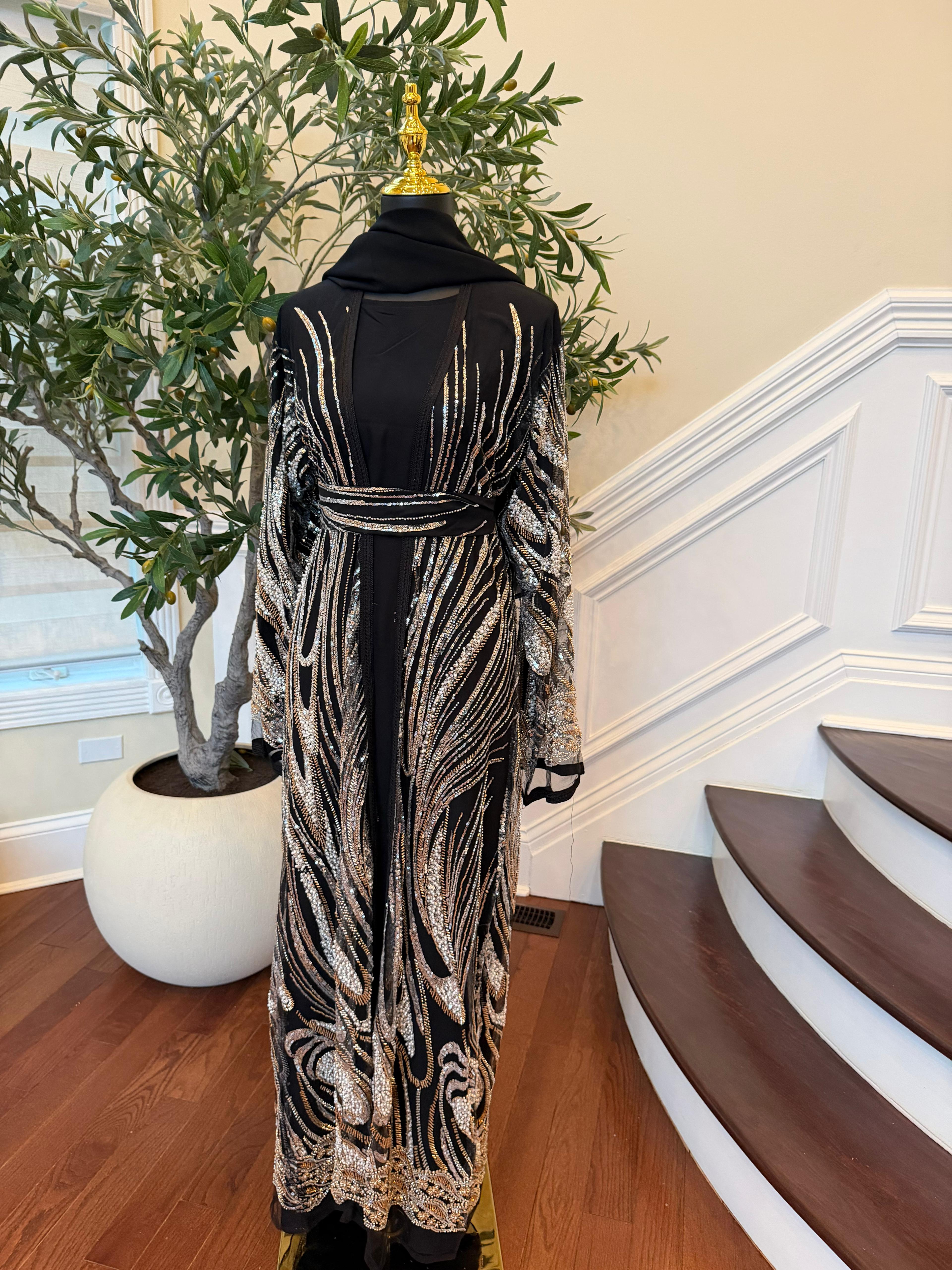 Black Golden Sequin Two Piece Abaya