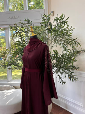 Floral Burgundy Sleeve Charm Abaya