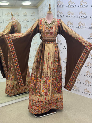 Premium Palestinian Embroidered Malakah Thobe – Golden Brown