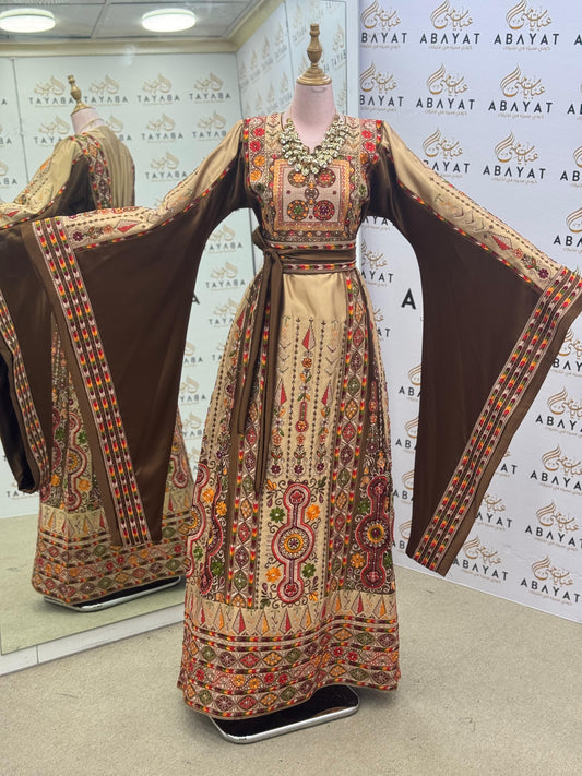 Premium Palestinian Embroidered Malakah Thobe – Golden Brown