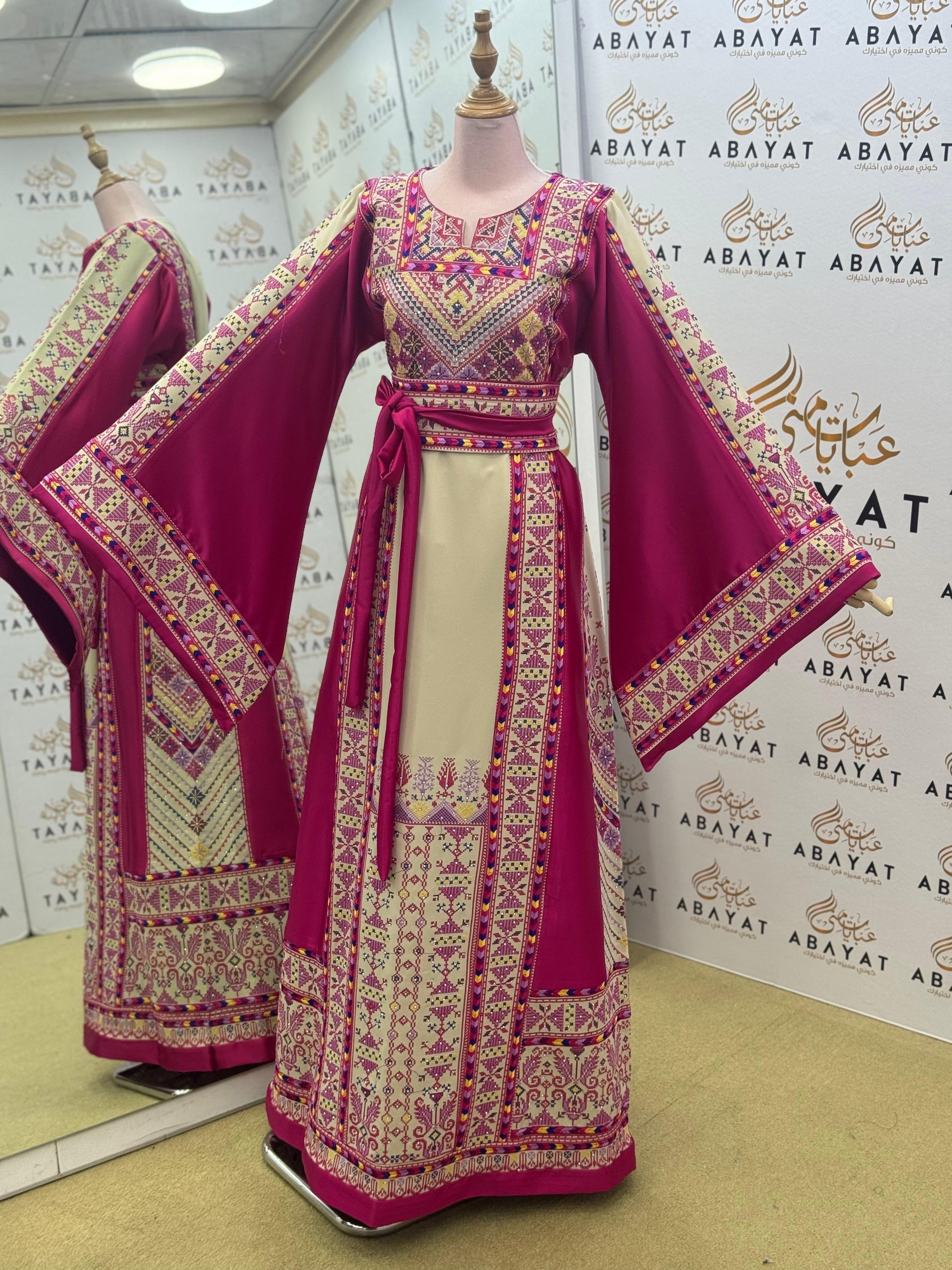 Palestinian Heritage Embroidered Thobe – Magenta & Ivory