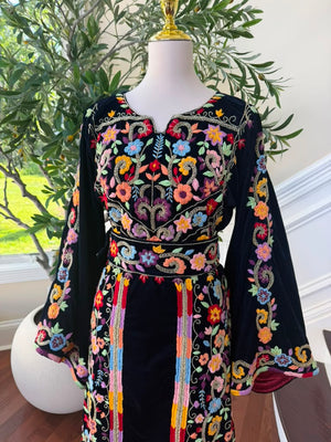 Navy Blue Stone Embroidered Tatreez Floral Thobe