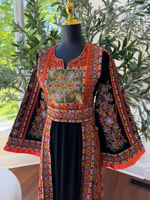 Black Embroidery Tatreez Orange Thobe
