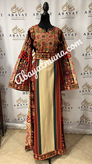 Majdalway Beige shade Embroidered Palestinian Fellahi Thobe #9199042